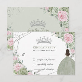 Quinceañera Birthday Sage Green Soft Pink Floral RSVP Kaartje