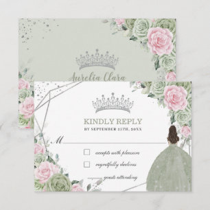 Quinceañera Birthday Sage Green Soft Pink Floral RSVP Kaartje