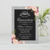 Quinceanera Birthday Silver Glitter Sparkle Floral Kaart (Staand voorkant)