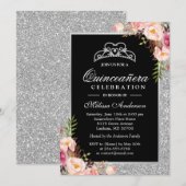 Quinceanera Birthday Silver Glitter Sparkle Floral Kaart (Voorkant / Achterkant)