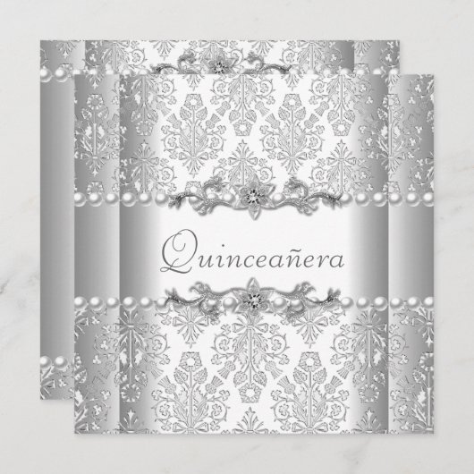 Quinceañera Birthday Silver White Pearl Lace Kaart (Voorkant / Achterkant)