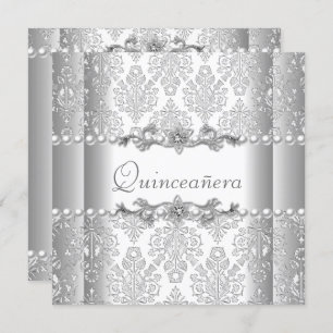 Quinceañera Birthday Silver White Pearl Lace Kaart