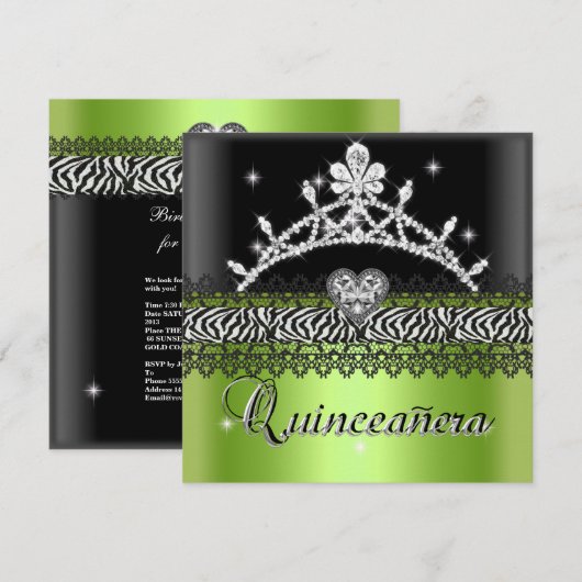 Quinceanera Birthday Zebra Lime Green Black White Kaart (Voorkant / Achterkant)