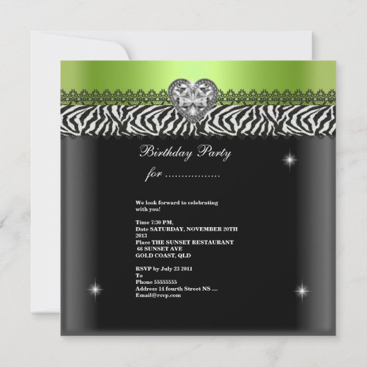 Quinceanera Birthday Zebra Lime Green Black White Kaart (Achterkant)