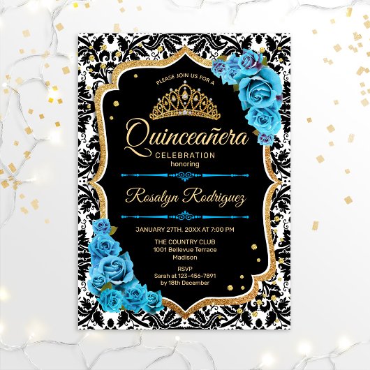 Quinceanera - Black Blue Gold Kaart