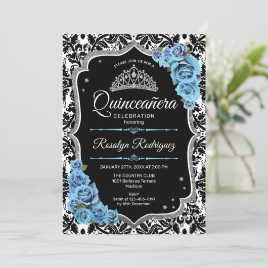 Quinceanera - Black Blue Silver Kaart (Staand voorkant)