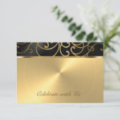 Quinceanera Black en Gold Filigree Swirls RSVP Kaartje (Staand voorkant)
