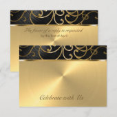 Quinceanera Black en Gold Filigree Swirls RSVP Kaartje (Voorkant / Achterkant)