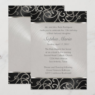 Quinceanera Black en Silver Filigree Swirls Kaart