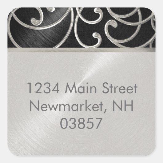 Quinceanera Black en Silver Filigree Swirls Vierkante Sticker (Voorkant)