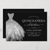 Quinceanera Black en Silver Glitter Sparkle Kaart (Voorkant / Achterkant)