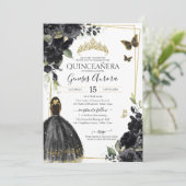 Quinceañera Black Floral Butterfly Kaart (Staand voorkant)