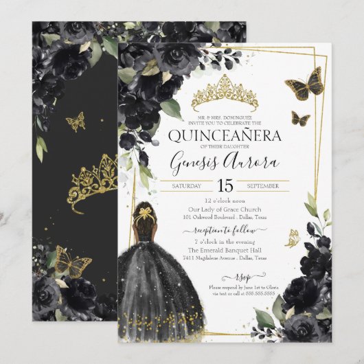 Quinceañera Black Floral Butterfly Kaart (Voorkant / Achterkant)