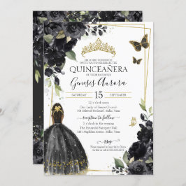 Quinceañera Black Floral Butterfly Kaart
