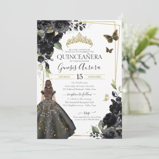 Quinceañera Black Floral Gold Butterfly Dress Kaart (Staand voorkant)