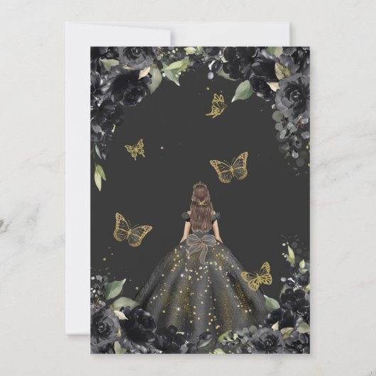 Quinceañera Black Floral Gold Butterfly Dress Kaart (Achterkant)