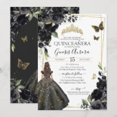 Quinceañera Black Floral Gold Butterfly Dress Kaart (Voorkant / Achterkant)