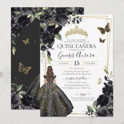 Quinceañera Black Floral Gold Butterfly Dress Kaart (Voorkant / Achterkant)