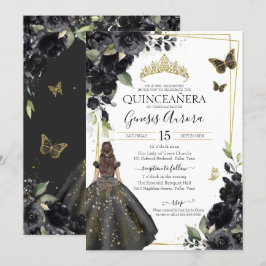 Quinceañera Black Floral Gold Butterfly Dress Kaart