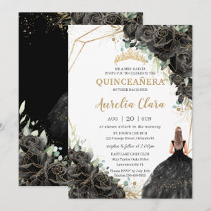 Quinceañera Black Floral Rozen Dress Gold Crown I Kaart