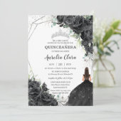 Quinceañera Black Floral Rozen Dress Silver Crown Kaart (Staand voorkant)