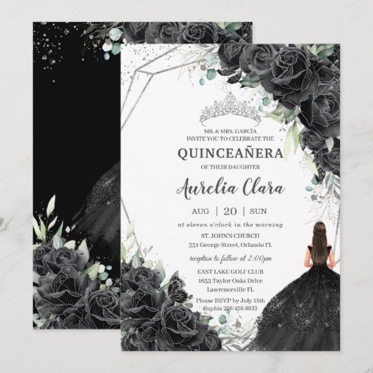 Quinceañera Black Floral Rozen Dress Silver Crown Kaart (Voorkant / Achterkant)
