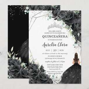 Quinceañera Black Floral Rozen Dress Silver Crown Kaart