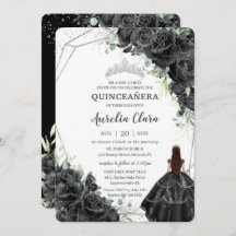 Quinceañera Black Floral Rozen Gown Silver Crown