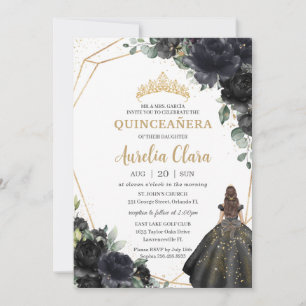 Quinceañera Black Floral Rozen Princess Gold Crown Kaart