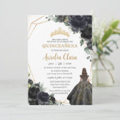 Quinceañera Black Floral Rozen Princess Gold Crown Kaart (Staand voorkant)
