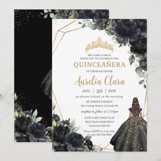 Quinceañera Black Floral Rozen Princess Gold Crown Kaart (Voorkant / Achterkant)