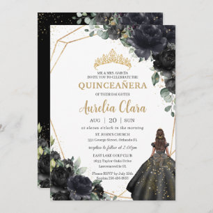 Quinceañera Black Floral Rozen Princess Gold Crown Kaart