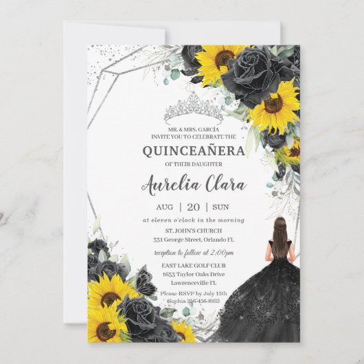 Quinceañera Black Floral Rozen Sunflower Silver Kaart (Voorkant)