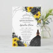 Quinceañera Black Floral Rozen Sunflower Silver Kaart (Staand voorkant)