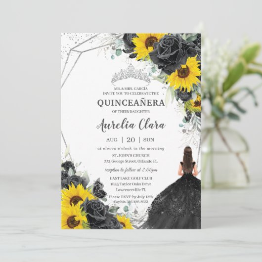 Quinceañera Black Floral Rozen Sunflower Silver Kaart (Staand voorkant)