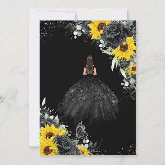 Quinceañera Black Floral Rozen Sunflower Silver Kaart (Achterkant)