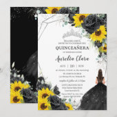 Quinceañera Black Floral Rozen Sunflower Silver Kaart (Voorkant / Achterkant)