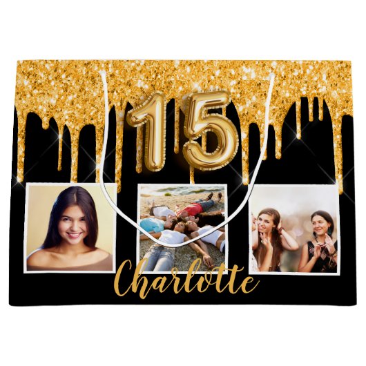 Quinceanera Black Glitter druppelt foto Groot Cadeauzakje (Voorkant)