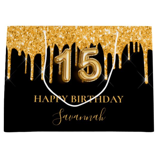 Quinceanera Black Glitter druppelt naam Groot Cadeauzakje (Voorkant)