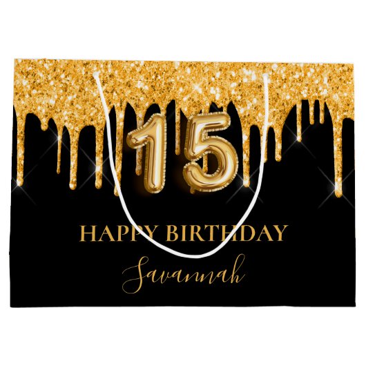 Quinceanera Black Glitter druppelt naam Groot Cadeauzakje (Achterkant)