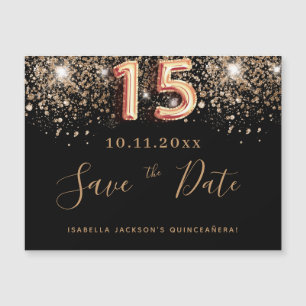 Quinceanera black glitter save the date magnet