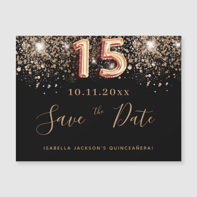 Quinceanera black glitter save the date magnet (Voorkant)