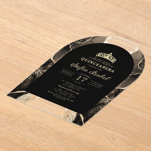Quinceañera Black Gold Agaat Elegant Acryl Uitnodigingen (Laagn)