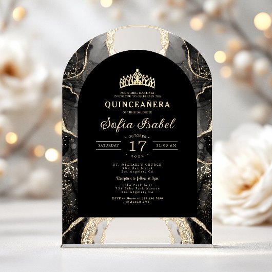 Quinceañera Black Gold Agaat Elegant Acryl Uitnodigingen
