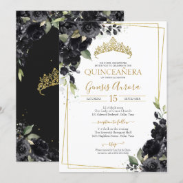 Quinceañera Black & Gold Elegant Waterverf Floral Kaart