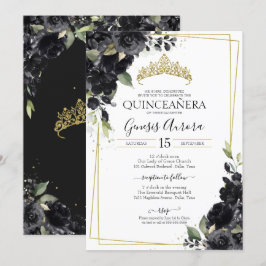 Quinceañera Black & Gold Elegant Waterverf Floral Kaart