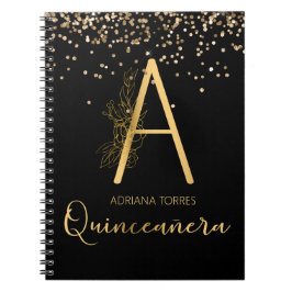 Quinceanera Black Gold Floral A Monogram Notitiebo Notitieboek