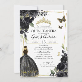 Quinceañera Black Gold Flowers Quince Dress Kaart