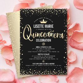 Quinceañera Black Gold Foil Glitter Princess Crown Kaart