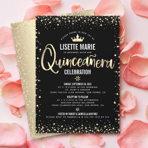 Quinceañera Black Gold Foil Glitter Princess Crown Kaart